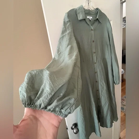 New! Nine West Button-Front Sage Green Long Shirt Dress Women’s Size Large - Picture 3 of 16